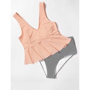 Cupshe PINK PEPLUM AND STRIPED TANKINI NWT
